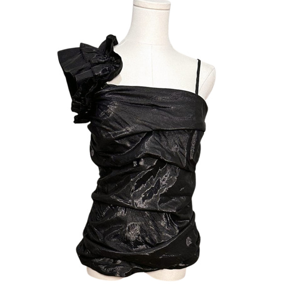Myth Black Taffeta Ruffled One Shoulder Smocked Padded Ruched Blouse Large - Picture 1 of 7